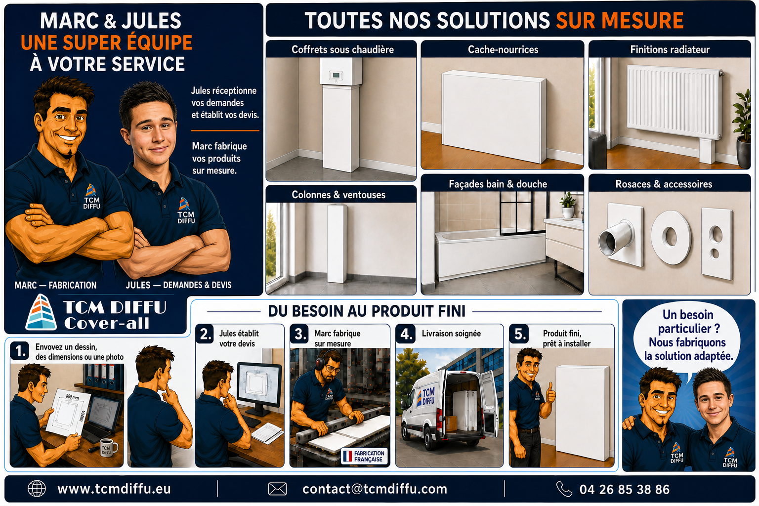 Marc et Jules, une super équipe TCM DIFFU : Jules réceptionne les demandes et établit les devis, Marc fabrique les produits sur mesure